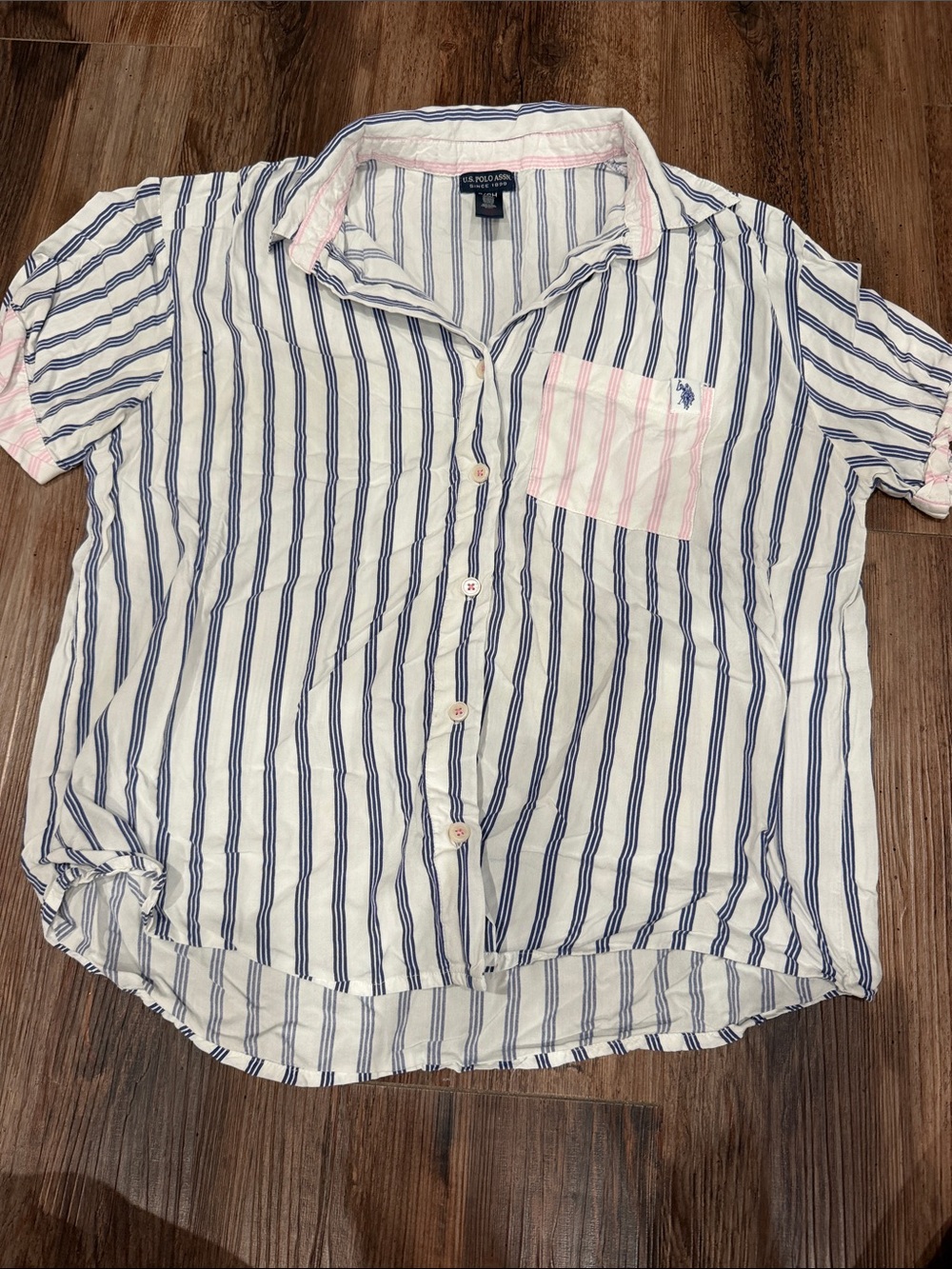 U.S. Polo Assn. White Button-Down Shirt with Blue Stripes and Pink Accents